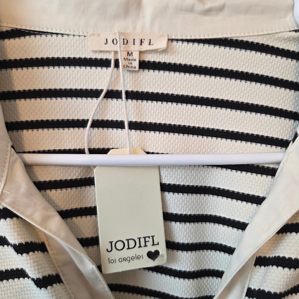 New JODIFL Striped Collar Tie Front Long Sleeve Top Blouse Shirt M - Picture 3 of 7